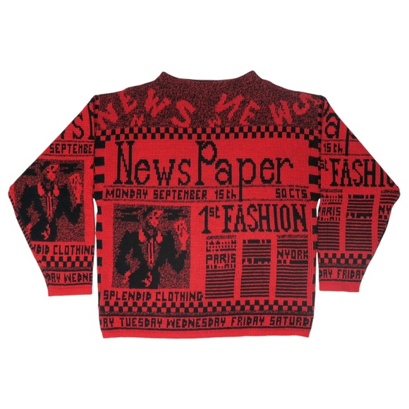 Vintage 80s Via l.A. Newspaper AOP Red Sweater - Picture 1 of 9
